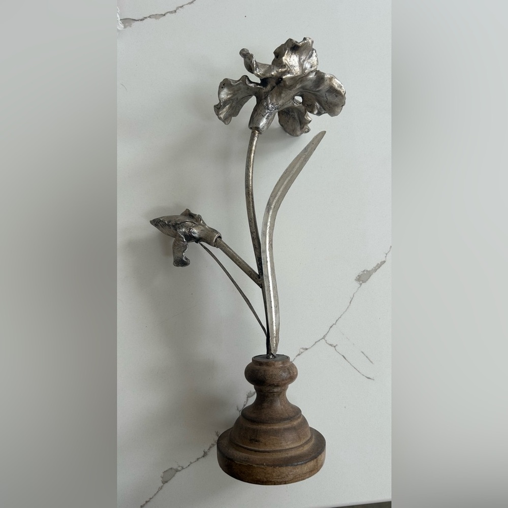 Artisan Brutalist Metal Irises Sculpture on Wooden Base Silver Flower Home Art